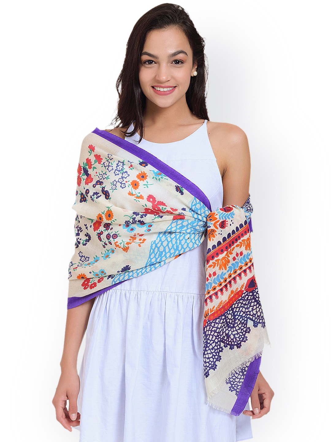 

SHINGORA Women Off-White & Purple Printed Woollen Stole