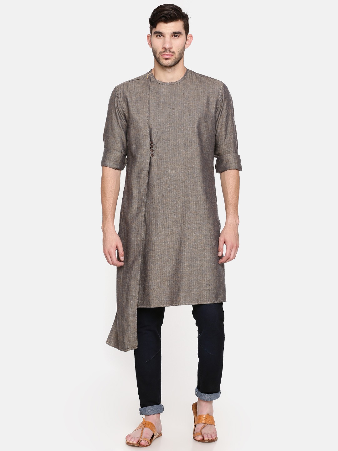

Freehand Men Brown Striped Straight Kurta