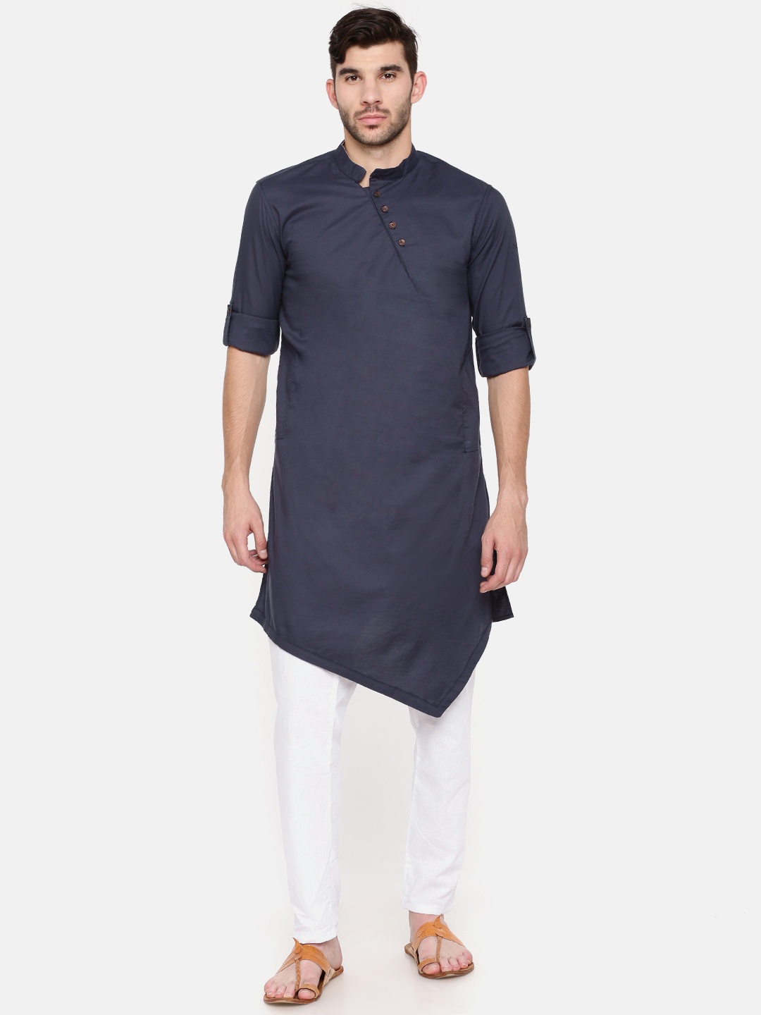 

Freehand Men Navy Blue Solid Straight Asymmetric Kurta