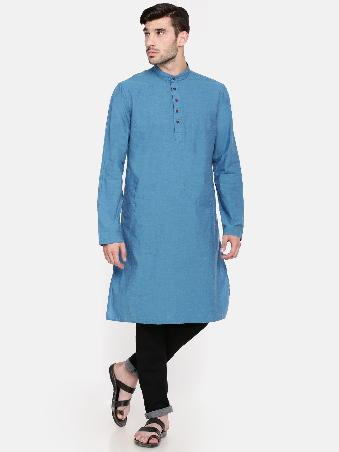 

Freehand Men Blue Solid Straight Kurta