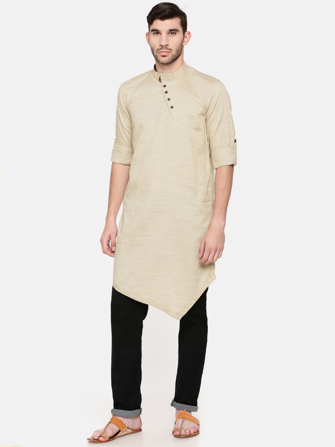 

Freehand Men Beige Solid Asymmetric Hemline Straight Kurta