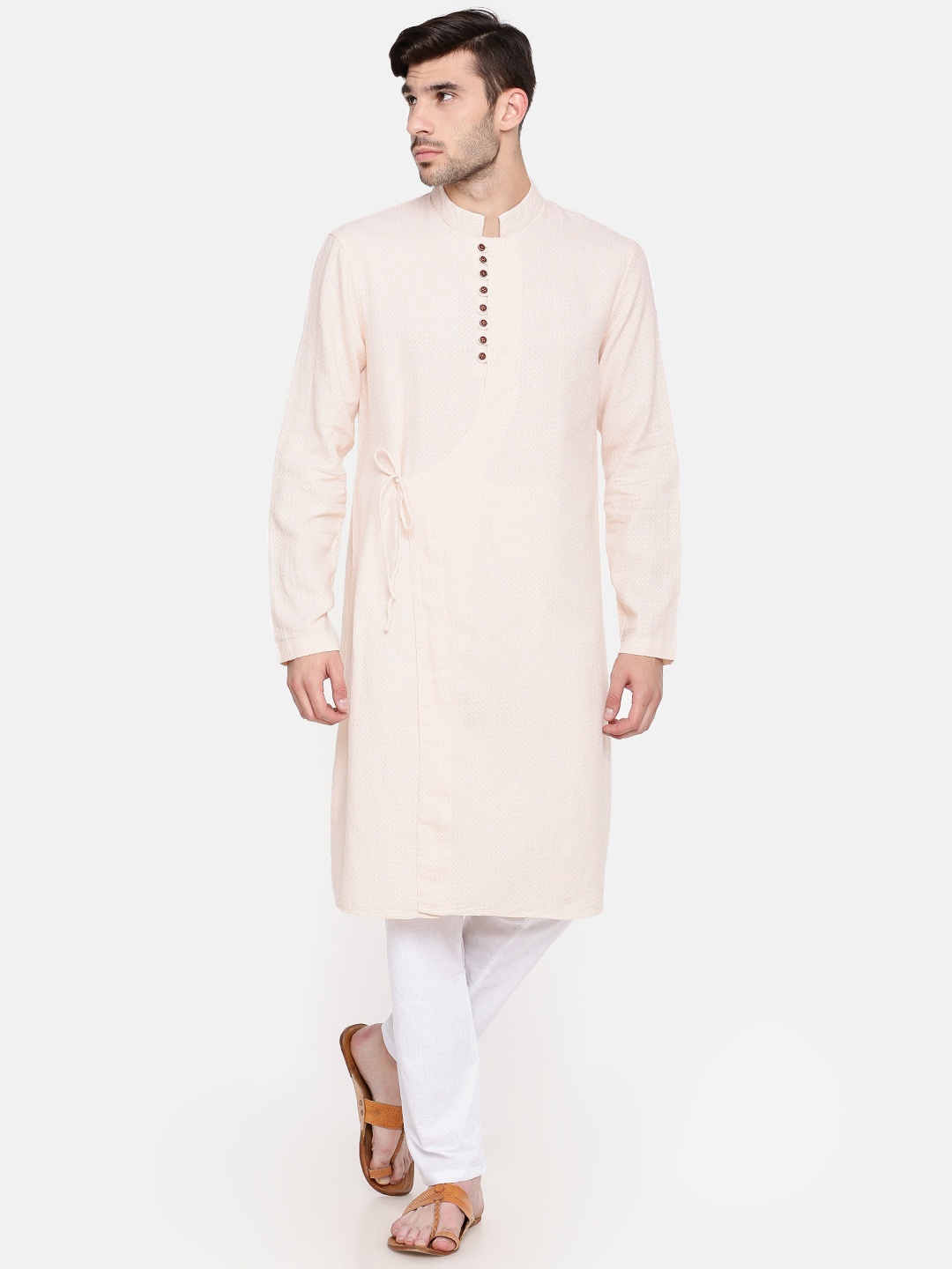 

Freehand Men Beige & Orange Woven Design Straight Kurta