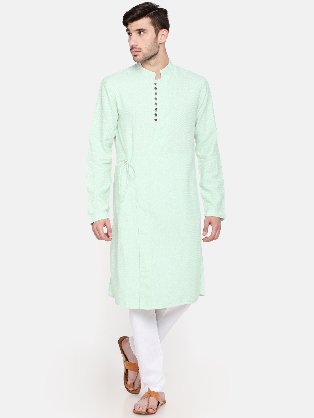 

Freehand Men Green & Off-White Checked Straight Kurta