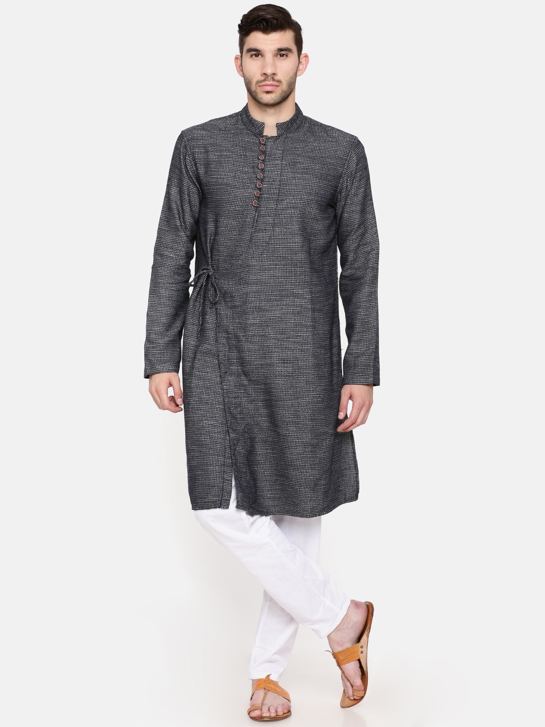 

Freehand Men Navy Blue Woven Design Straight Kurta