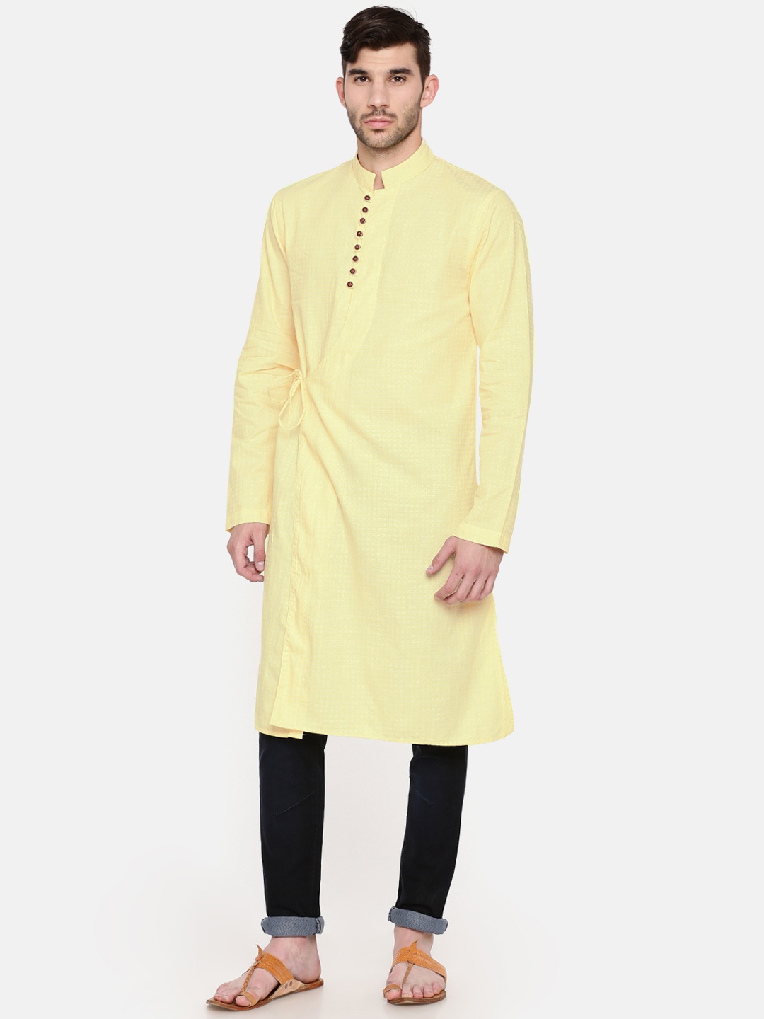 

Freehand Men Yellow Checked Straight Kurta