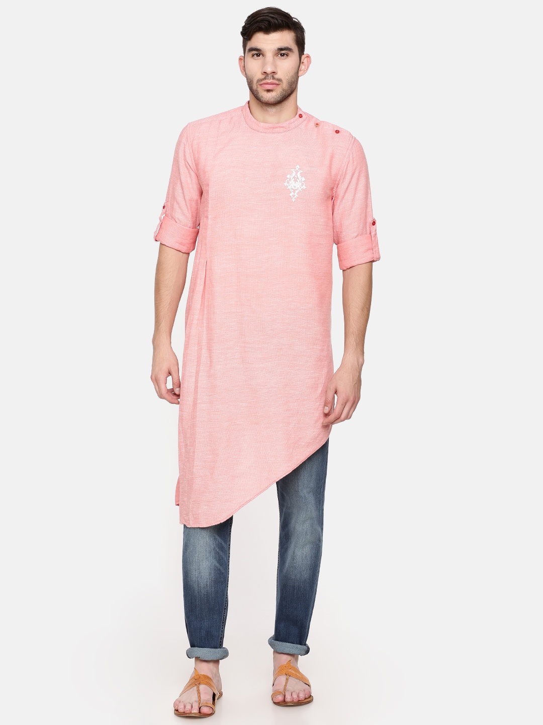

Freehand Men Pink Solid Straight Asymmetric Kurta