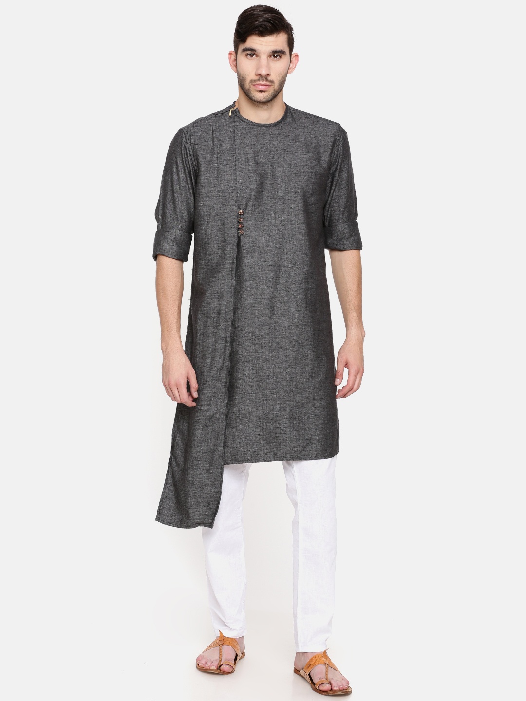 

Freehand Men Grey Solid Straight Kurta