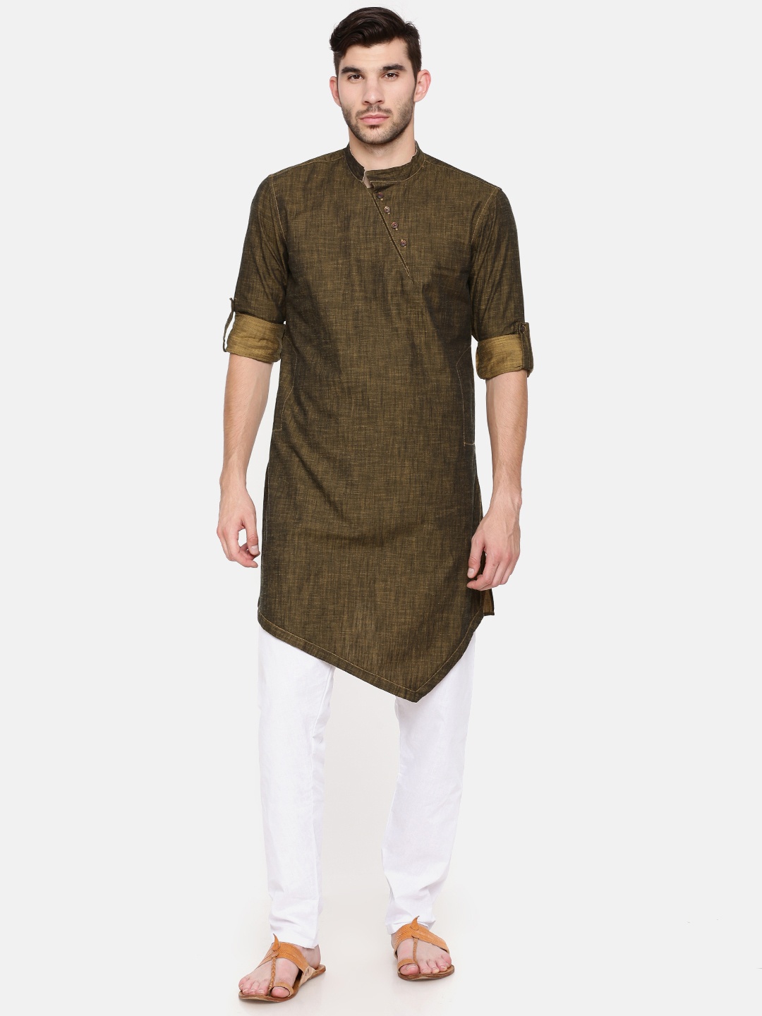 

Freehand Men Brown Solid Straight Kurta, Olive