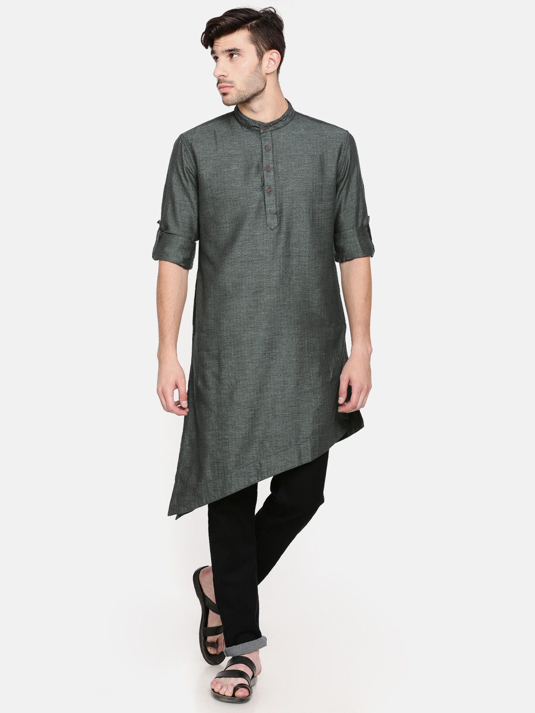 

Freehand Men Olive Green Solid Straight Kurta