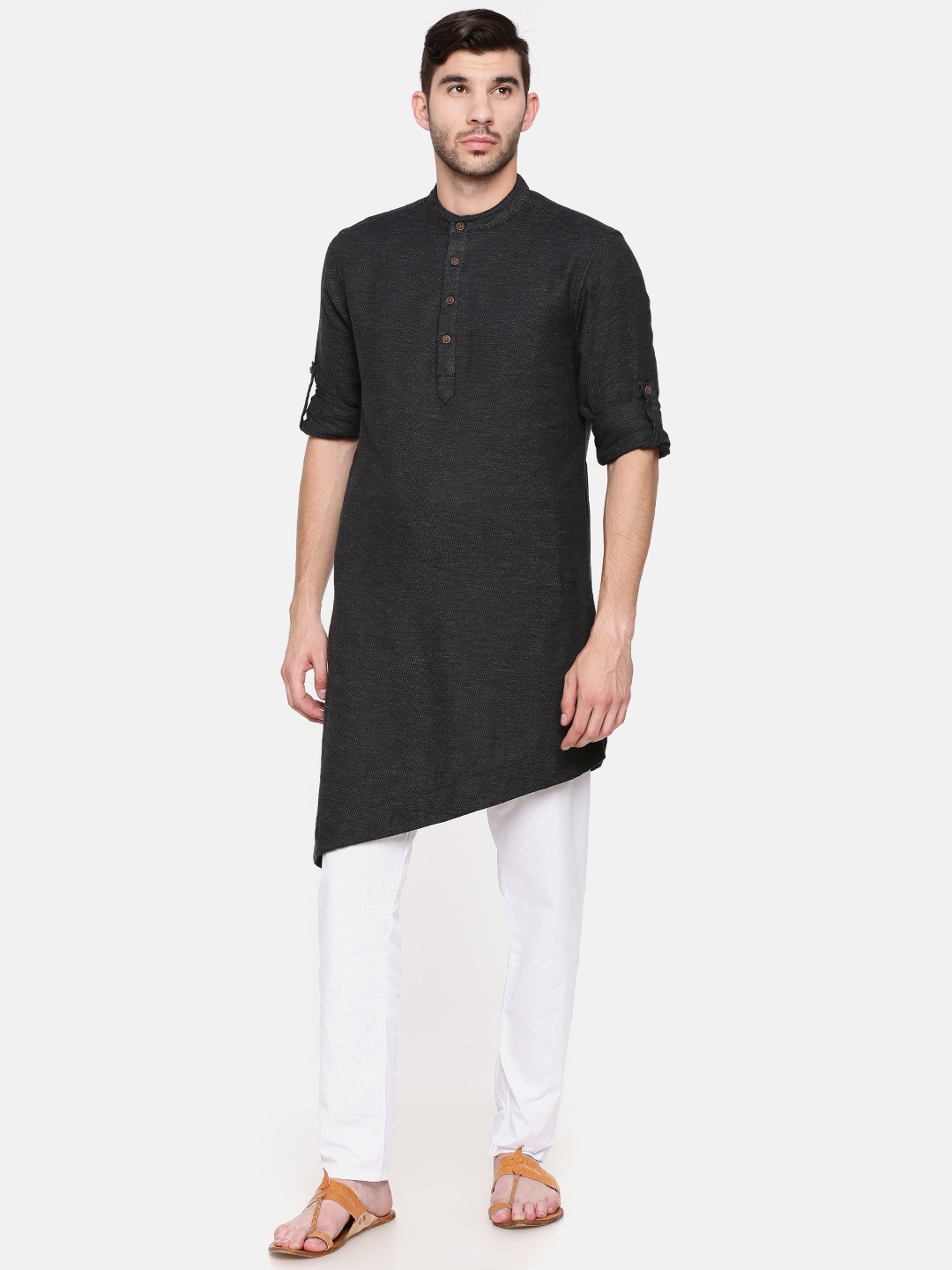 

Freehand Men Black & Blue Woven Design Straight Kurta