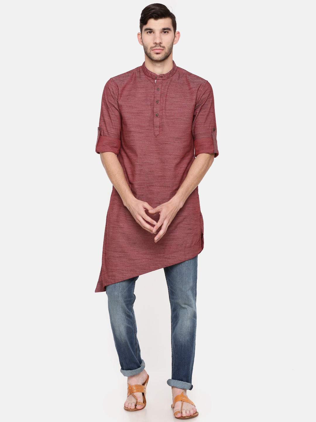 

Freehand Men Maroon Solid Straight Asymmetric Kurta