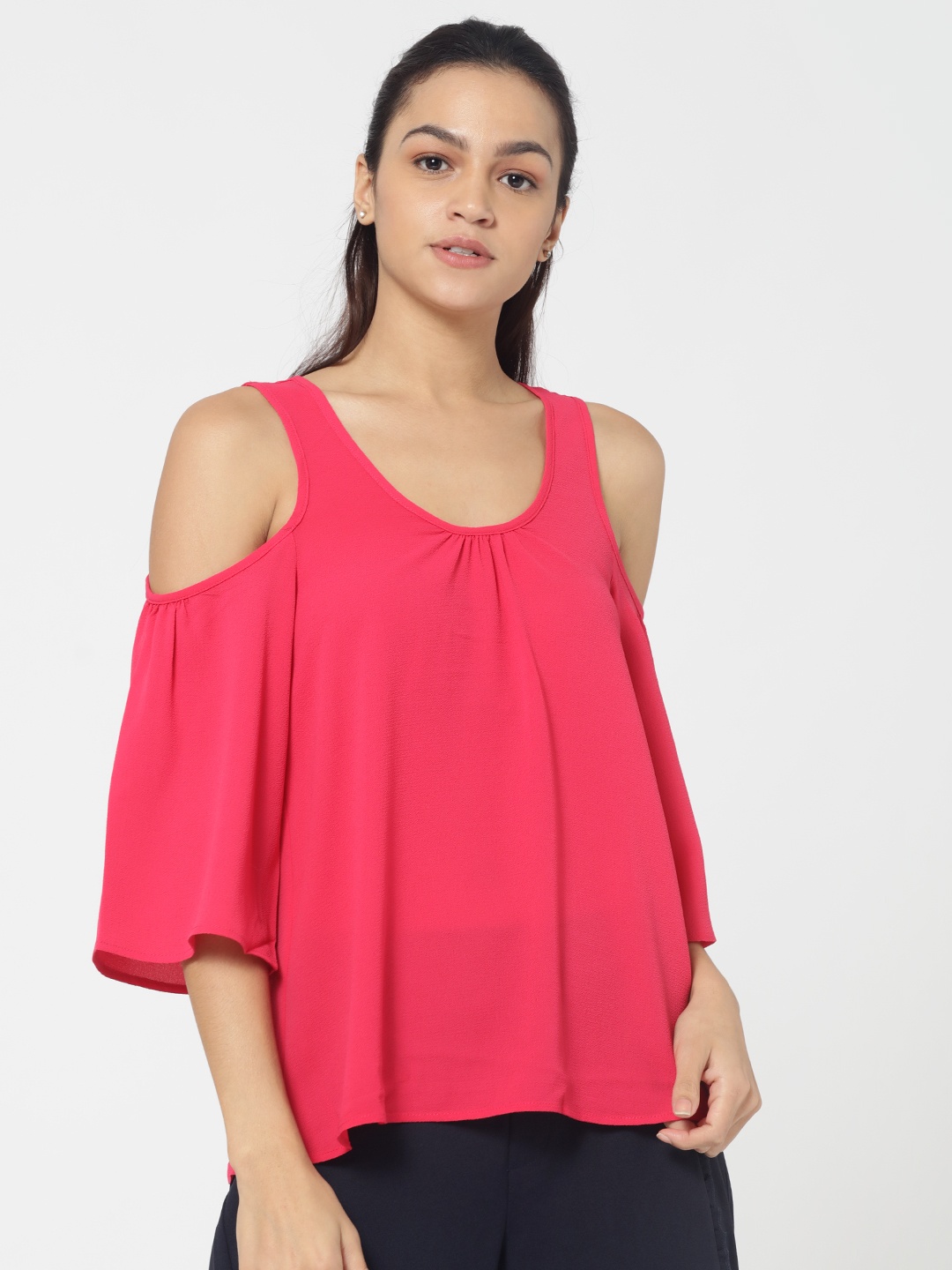 

ONLY Women Pink Solid Cold-Shoulder Top