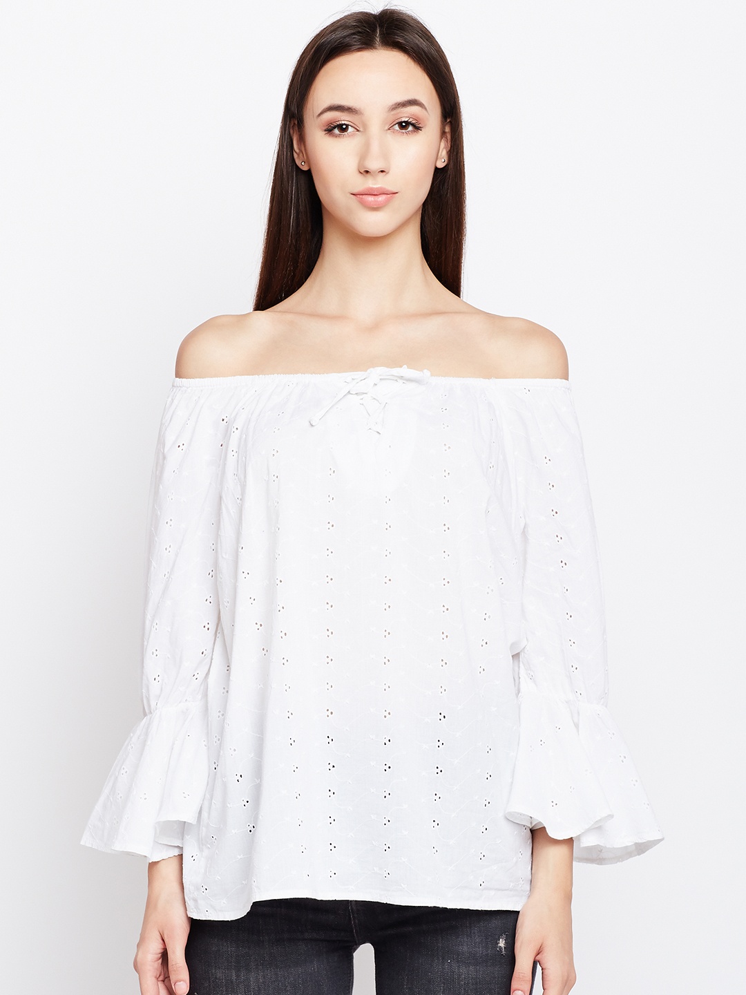 

Oxolloxo Women White Self Design Bardot Pure Cotton Top