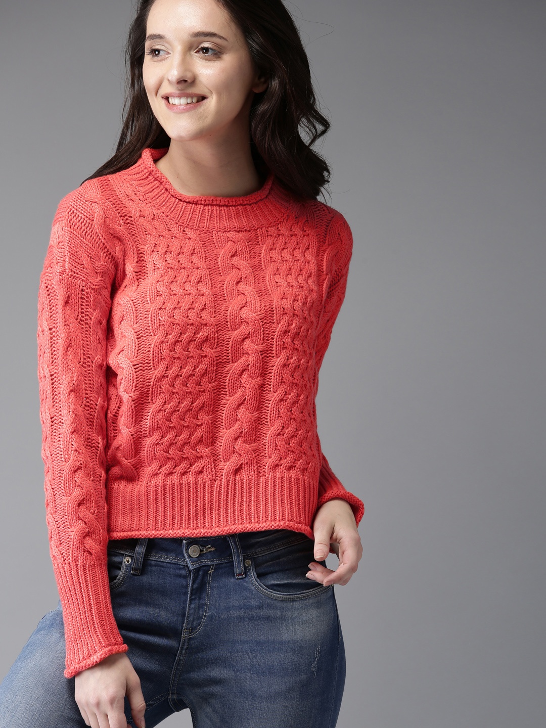 

HERE&NOW Women Coral Orange Self-Design Pullover Sweater