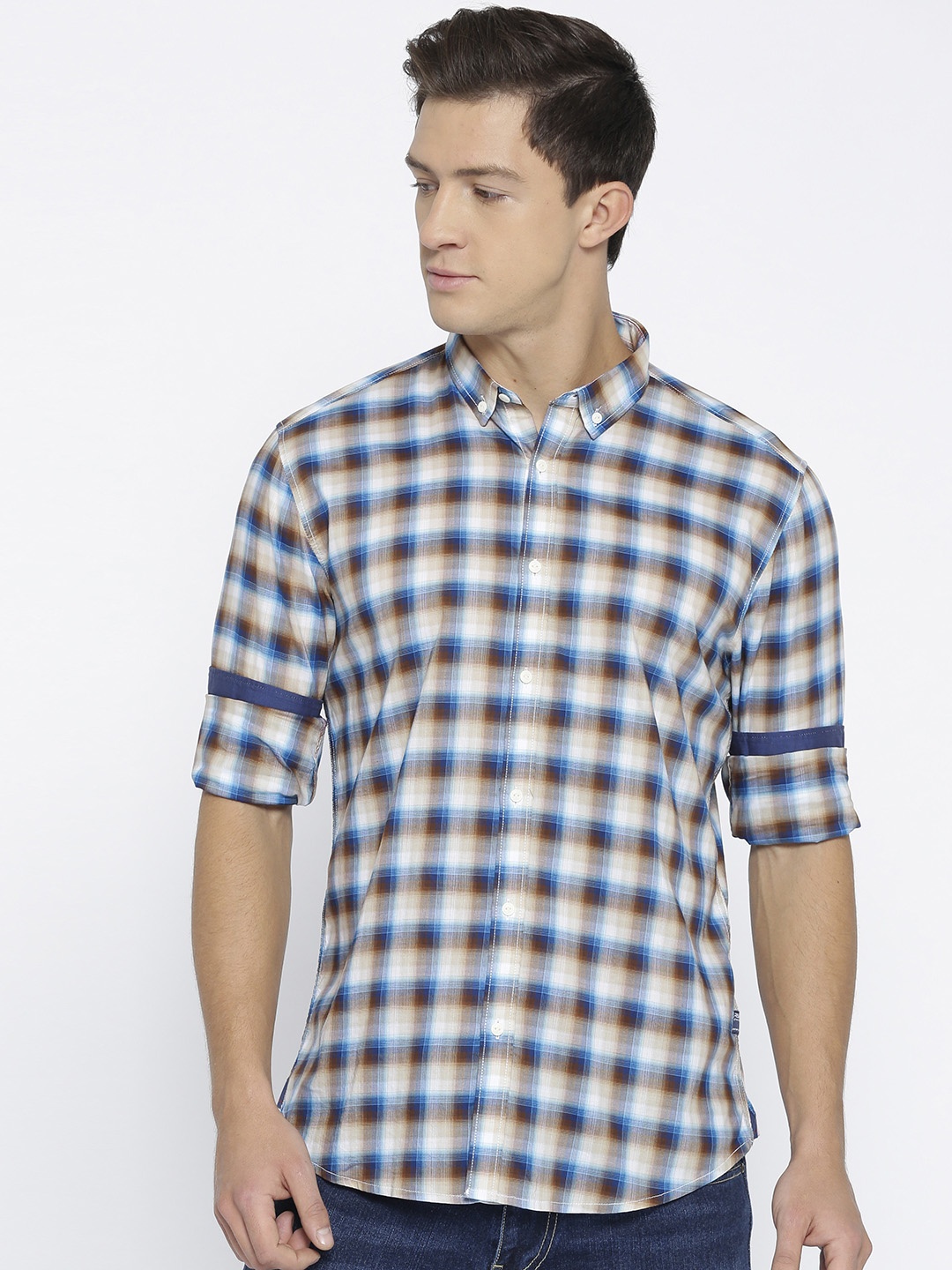 

Blackberrys Men Blue & Beige Slim Fit Checked Casual Shirt