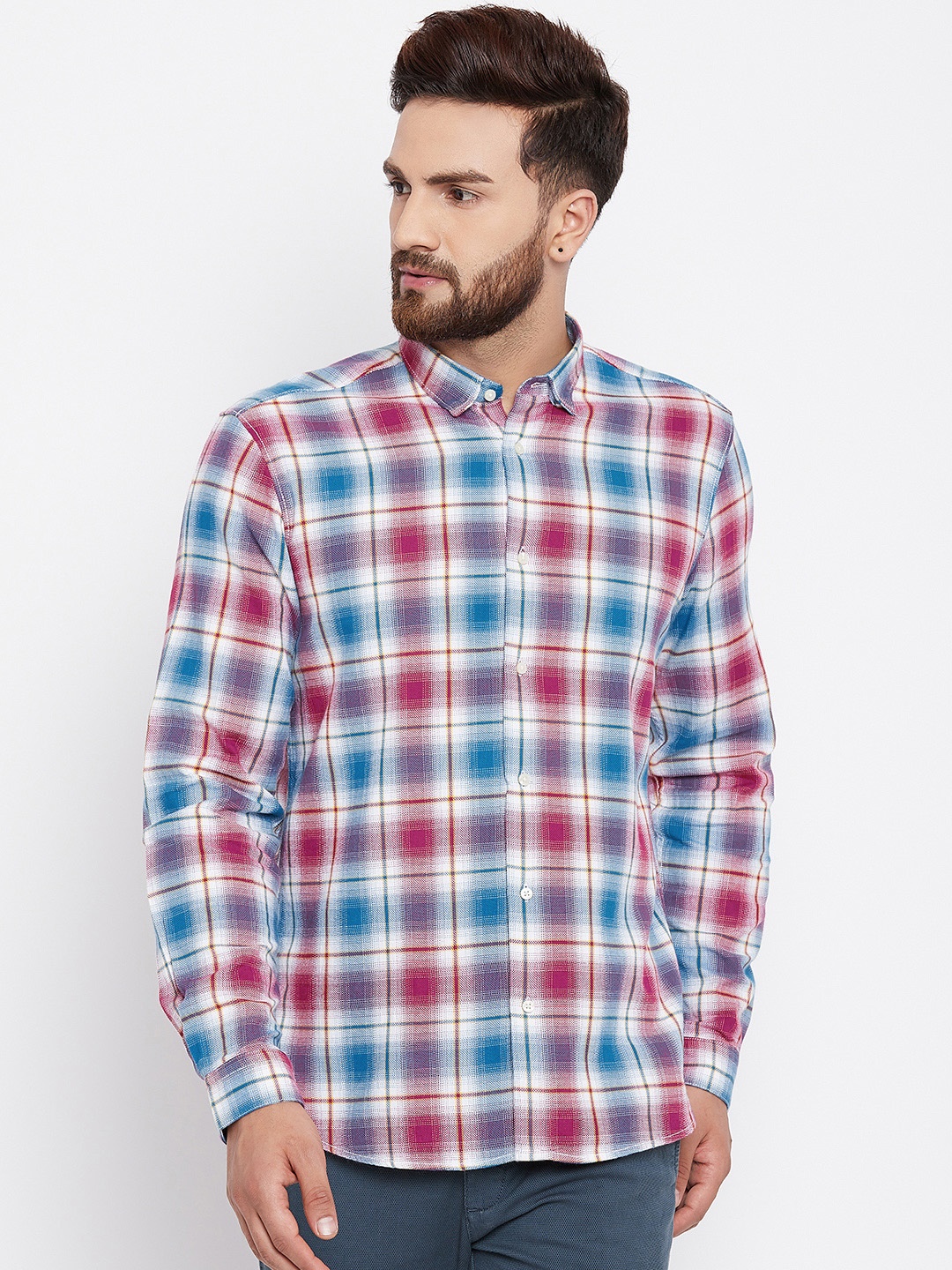 

Blackberrys Men Magenta & Blue Slim Fit Checked Casual Shirt