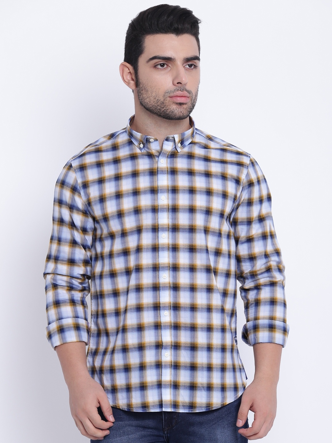 

Blackberrys Men Blue & Off-White Slim Fit Checked Casual Shirt