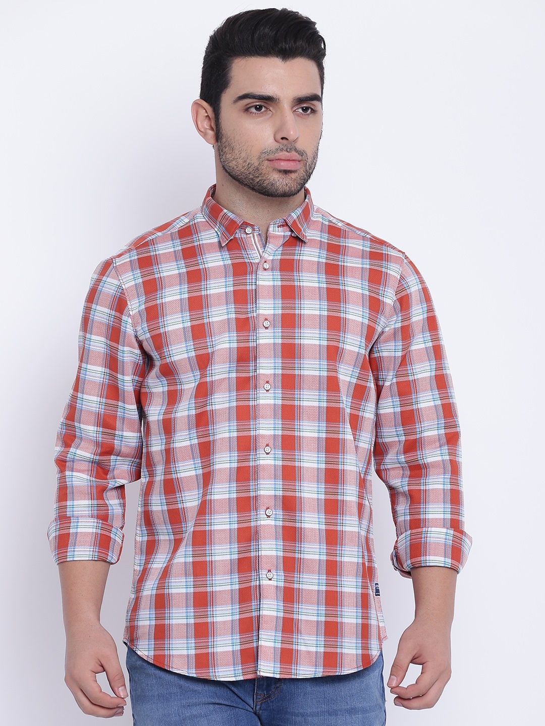 

Blackberrys Men Orange & White Slim Fit Checked Casual Shirt