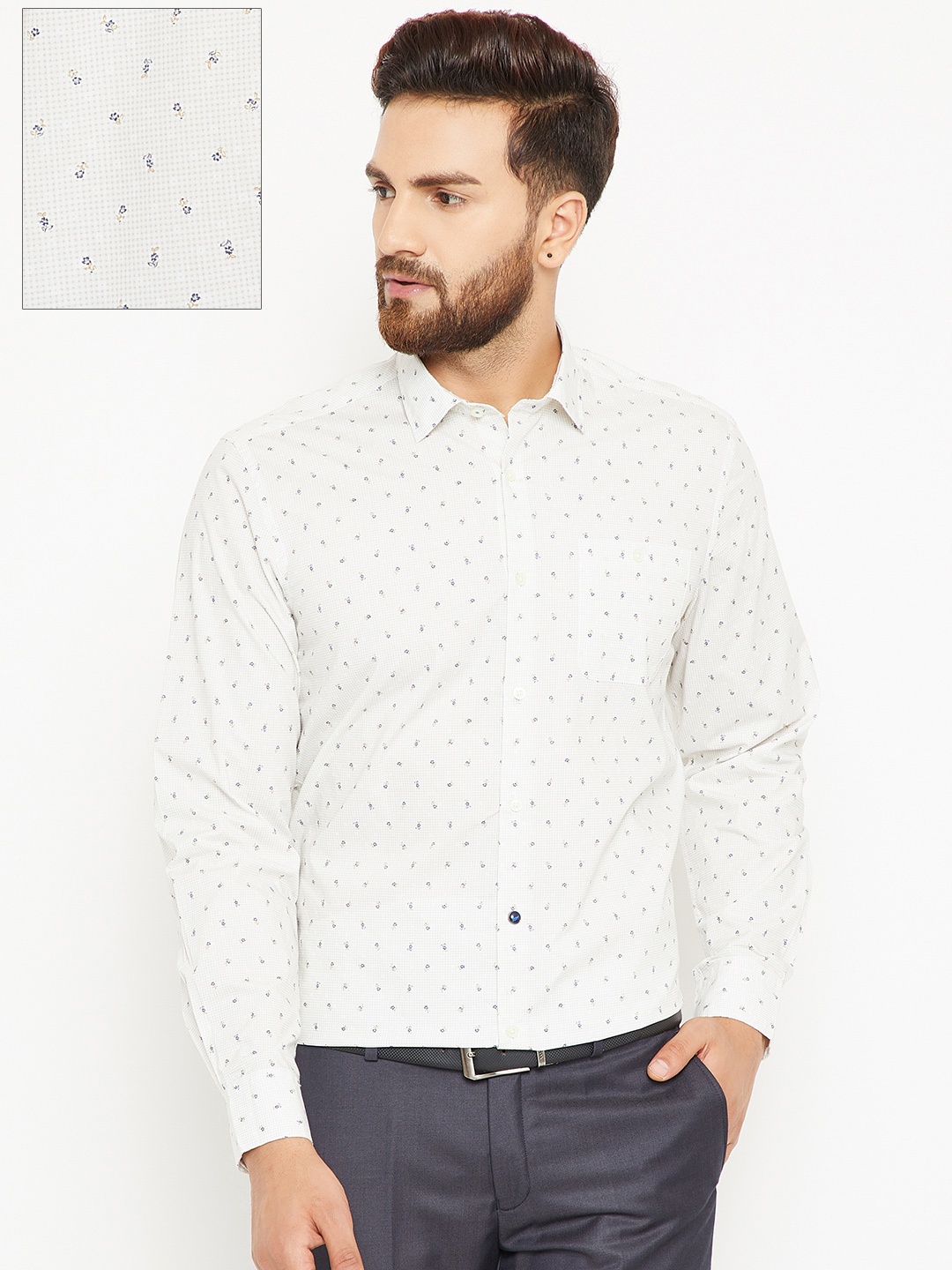 

Blackberrys Men Off-White & Blue Slim Fit Printed Formal Shirt