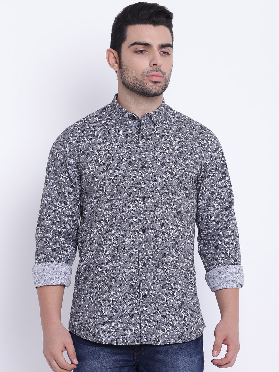 

Blackberrys Men Grey & White Slim Fit Printed Casual Shirt