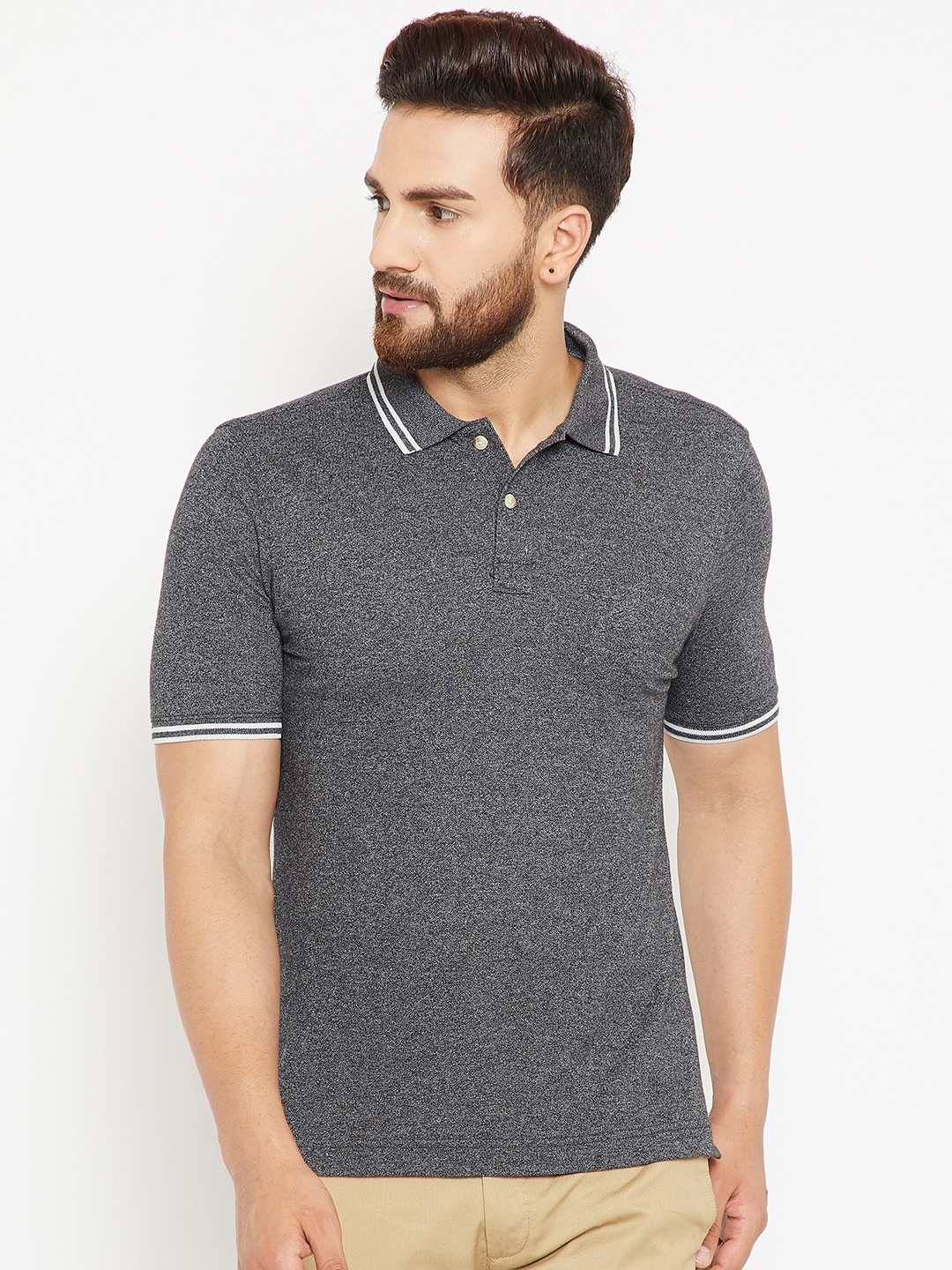 

Blackberrys Men Charcoal Grey Solid Polo Collar T-shirt