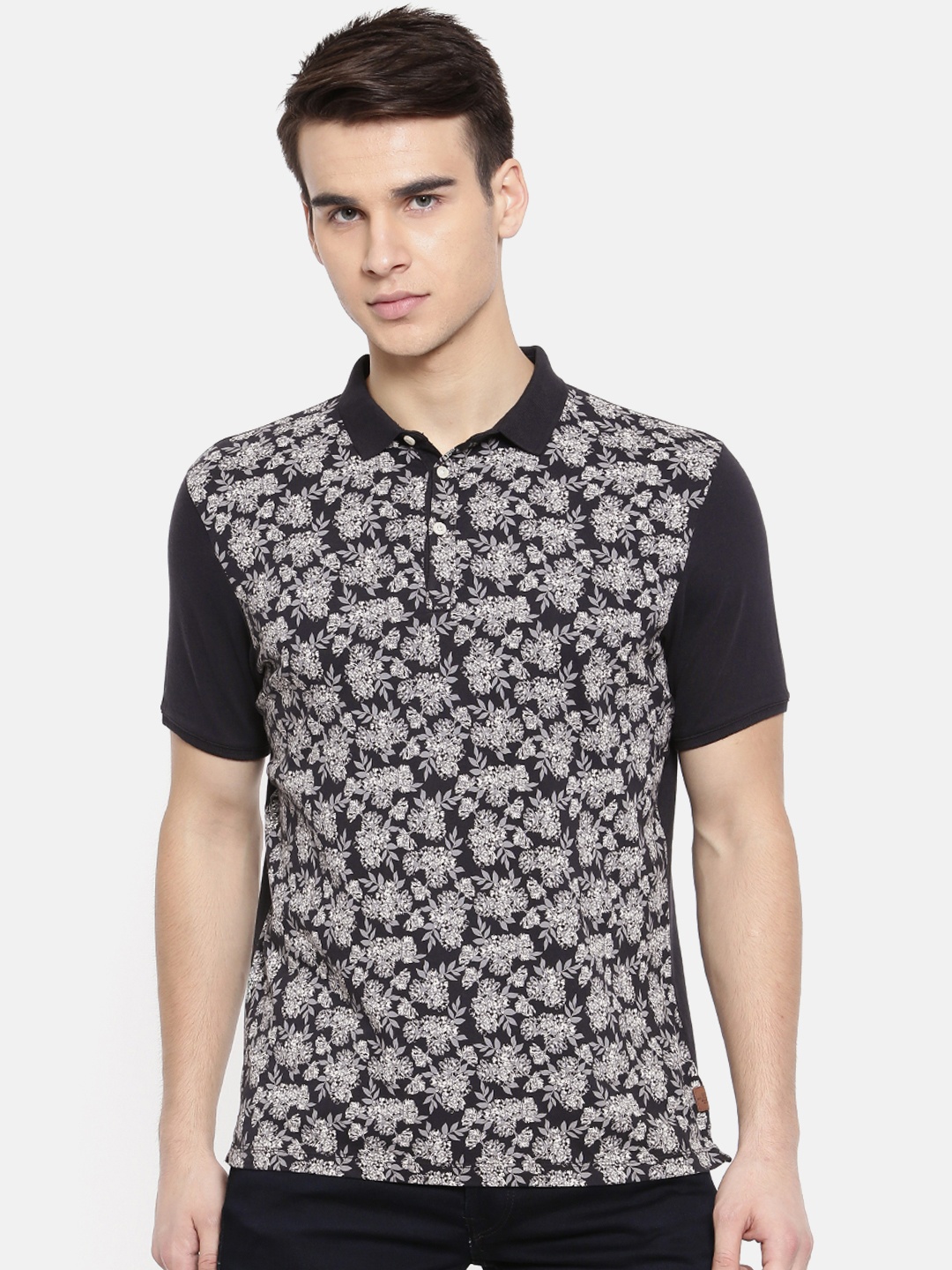 

Blackberrys Men Charcoal Grey Printed Polo Collar T-shirt