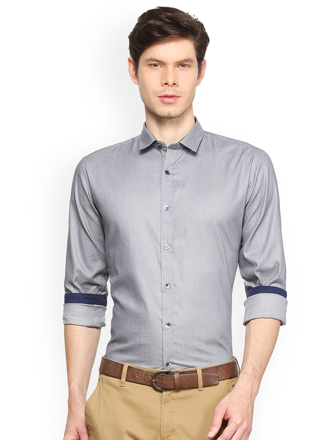 

V Dot Men Grey Slim Fit Self Design Semiformal Shirt