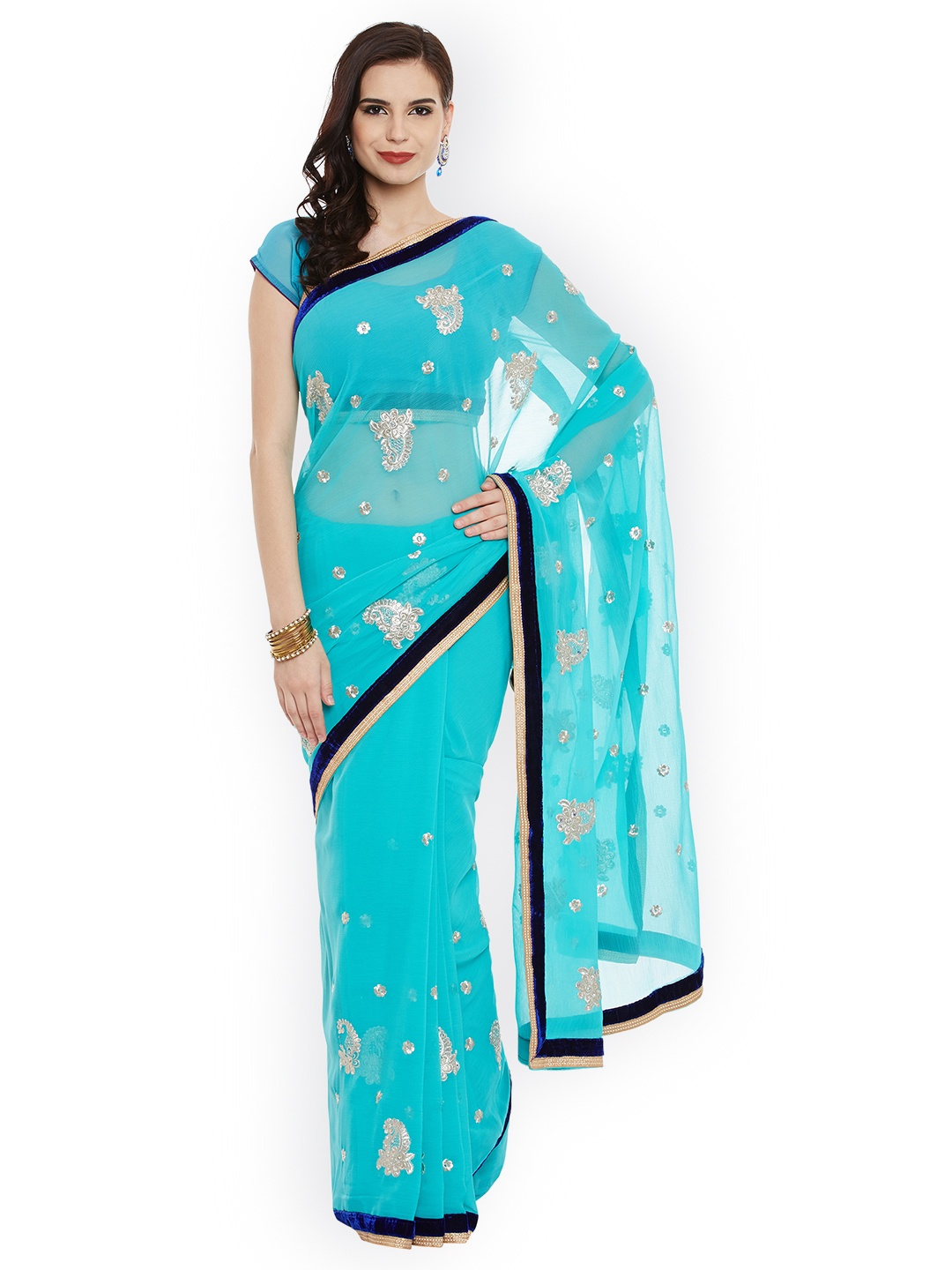 

Chhabra 555 Turquoise Blue Embroidered Poly Georgette Saree