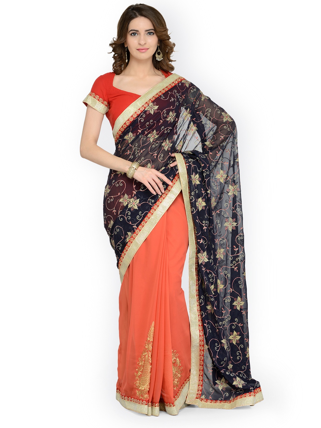 

Chhabra 555 Orange & Blue Poly Georgette Embroidered Saree