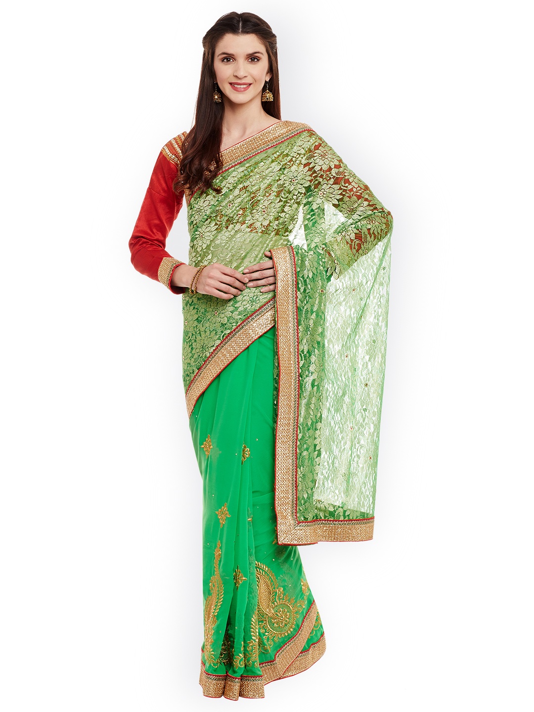 

Chhabra 555 Green Embroidered Poly Georgette Saree