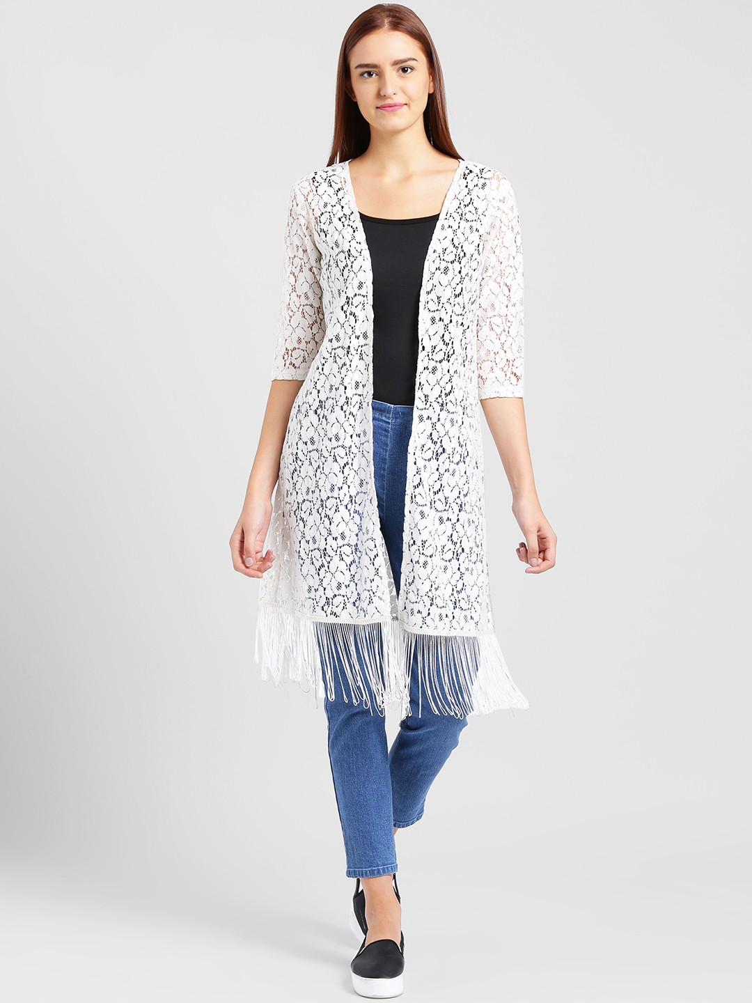 

Trend Arrest White Self Design Open Front Shrug