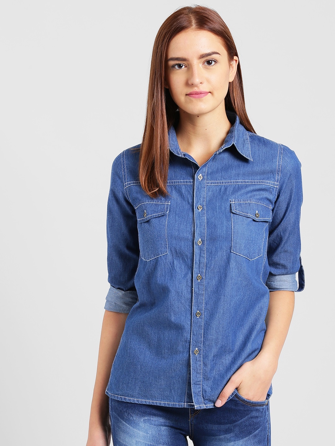 

Trend Arrest Women Blue Denim Regular Fit Solid Casual Shirt