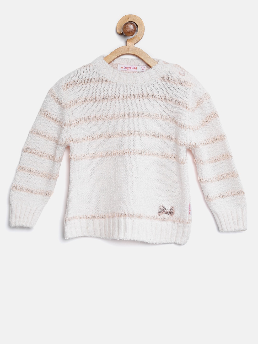 

Wingsfield Girls White & Peach-Coloured Striped Pullover
