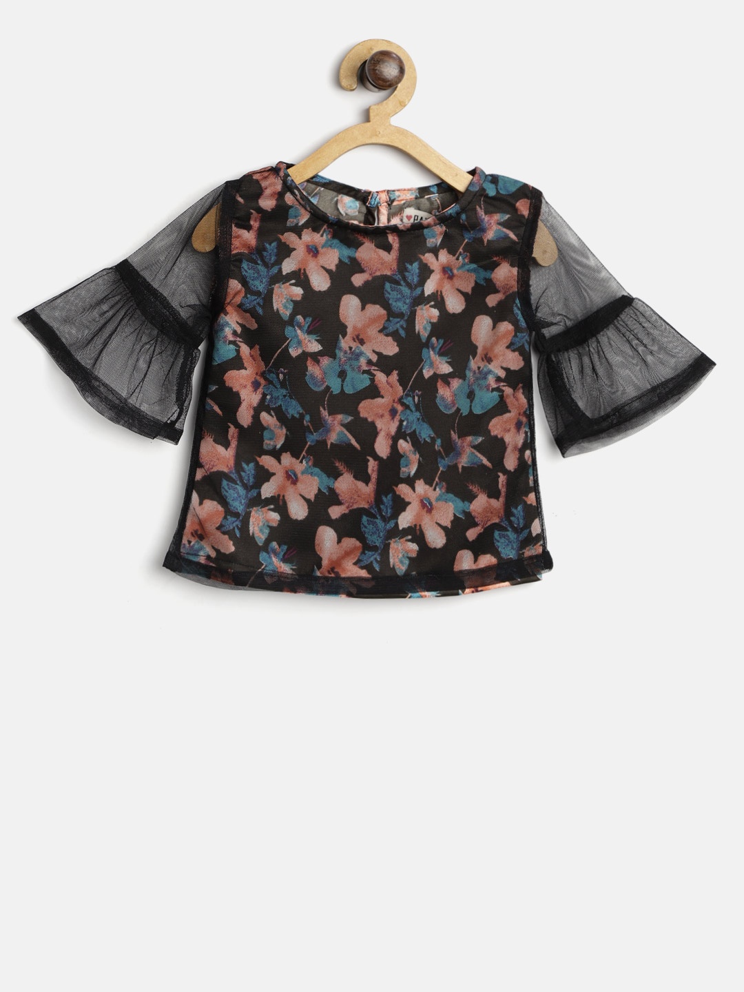 

Palm Tree Girls Black & Peach-Coloured Floral Print Net A-Line Top