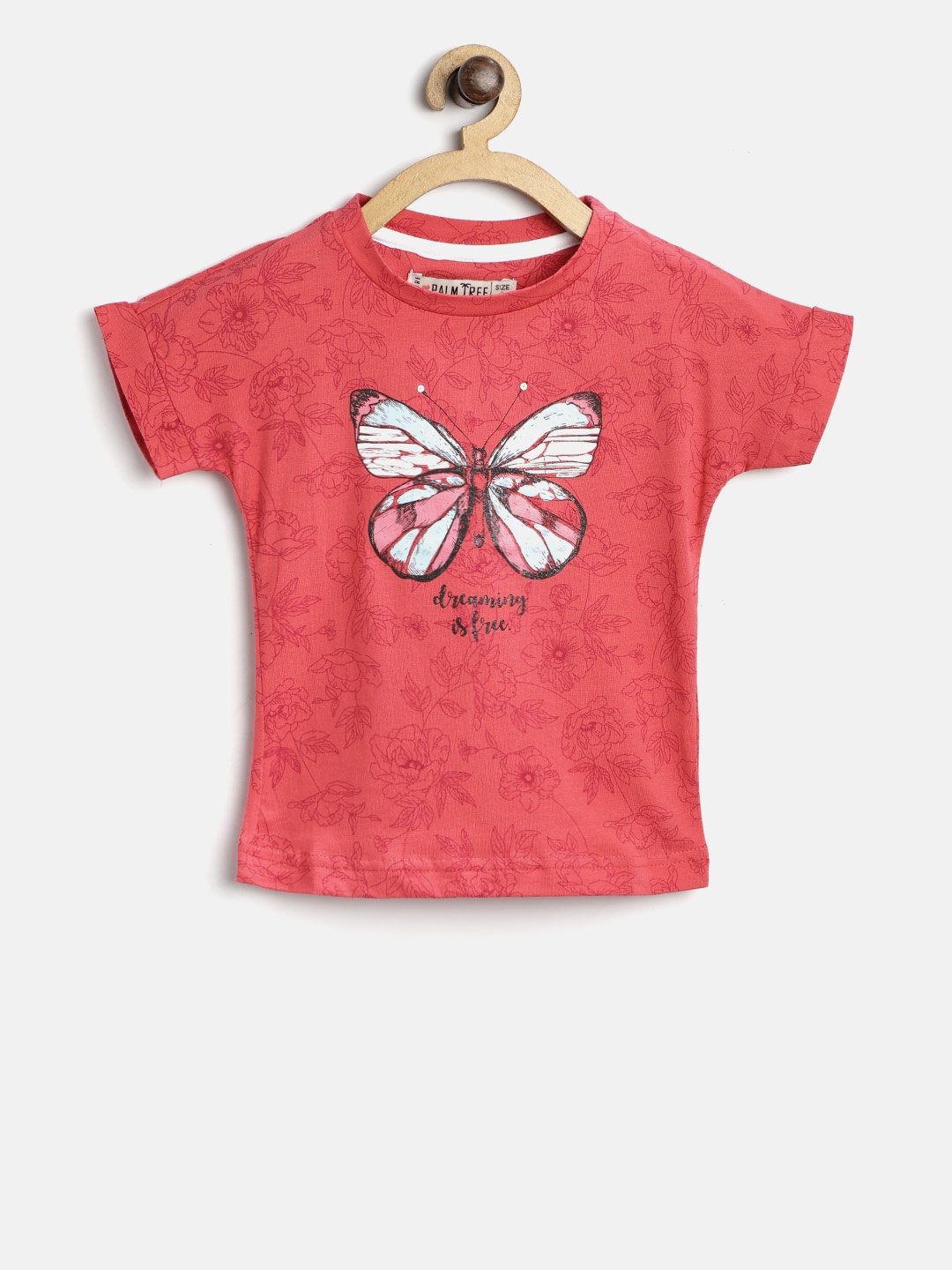 

Palm Tree Girls Coral Red Printed Round Neck T-shirt
