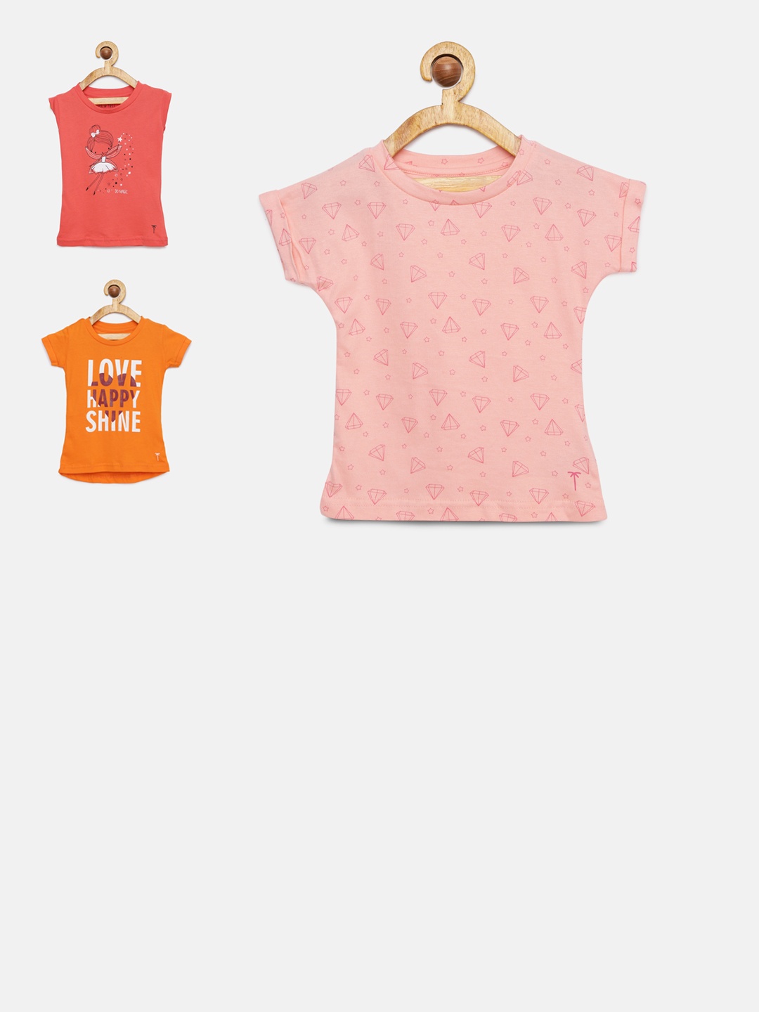 

Palm Tree Girls Pack of 3 Printed Round Neck T-shirts, Pink
