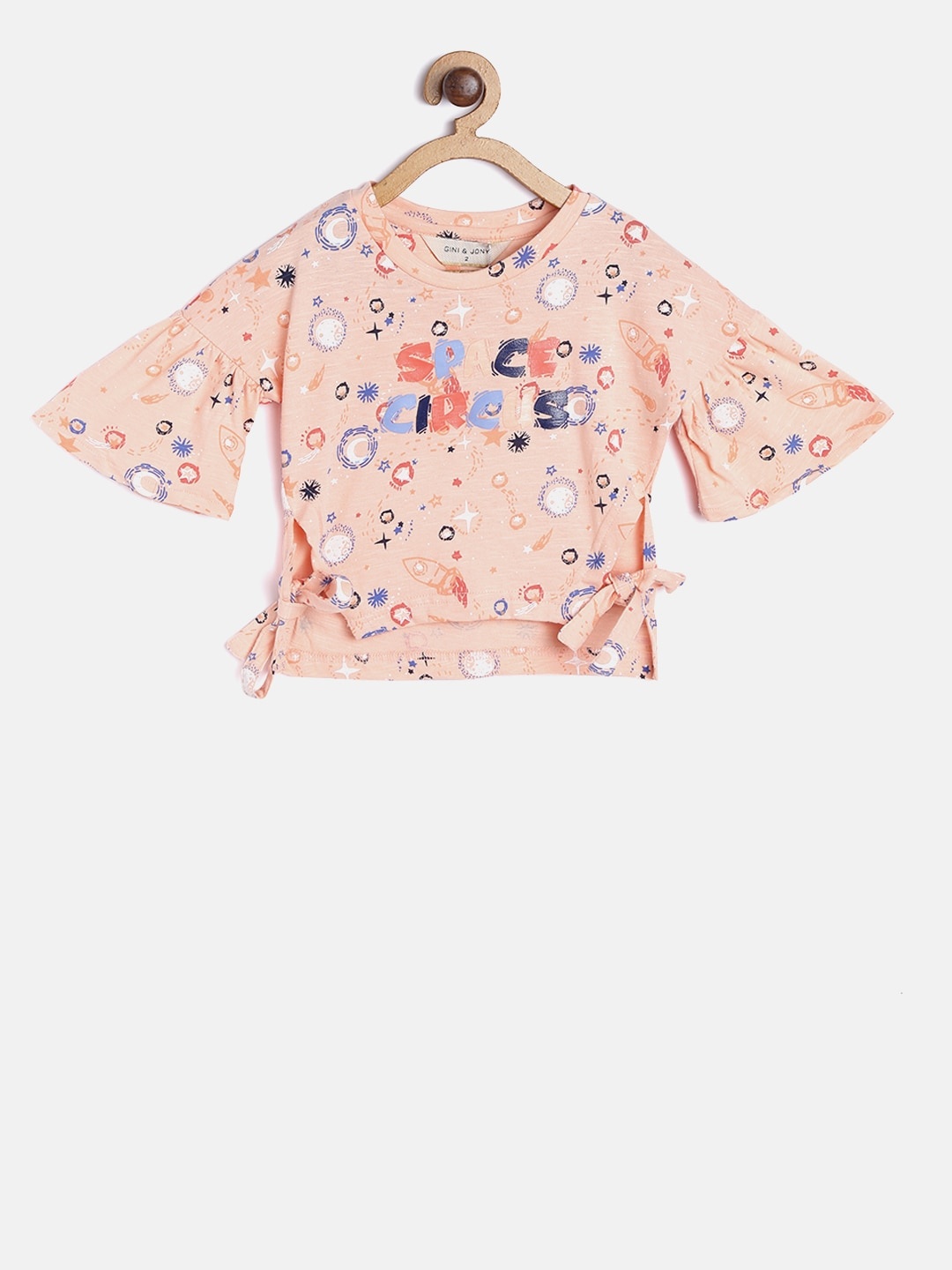 

Gini and Jony Girls Peach-Coloured Printed High-Low Pure Cotton Top