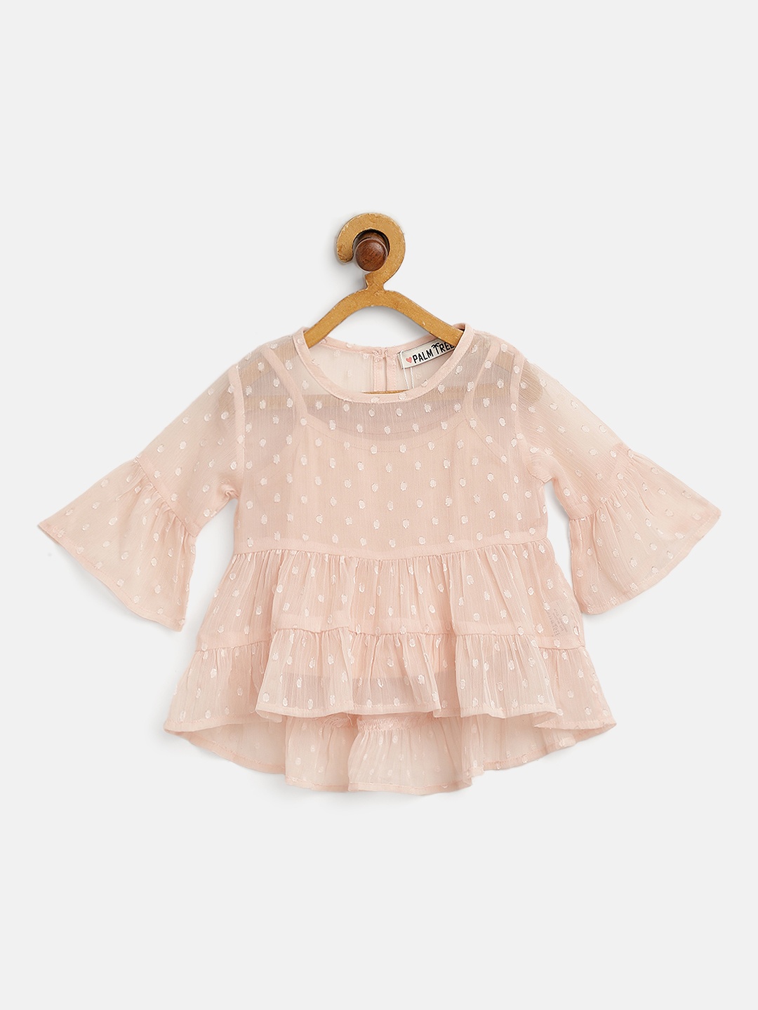 

Palm Tree Infant Girls Peach-Coloured Dobby Weave Tiered A-Line Top with Inner Slip