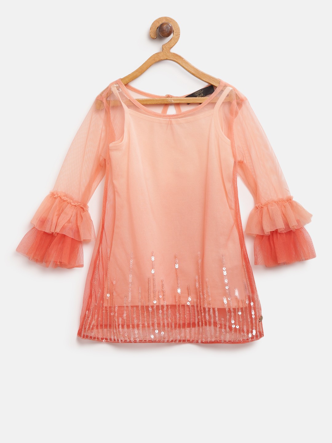 

Gini and Jony Girls Peach-Coloured Sequinned Sheer A-Line Top