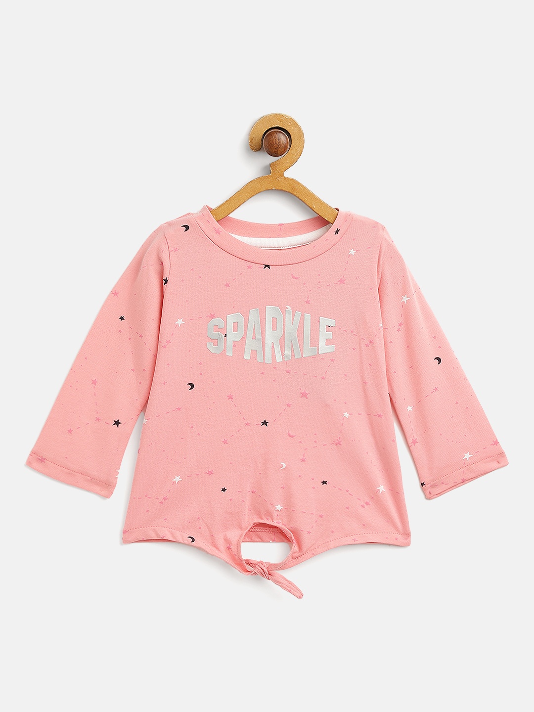 

Palm Tree Girls Peach-Coloured & Silver Typography Print Tie-Ups Detail Regular Top