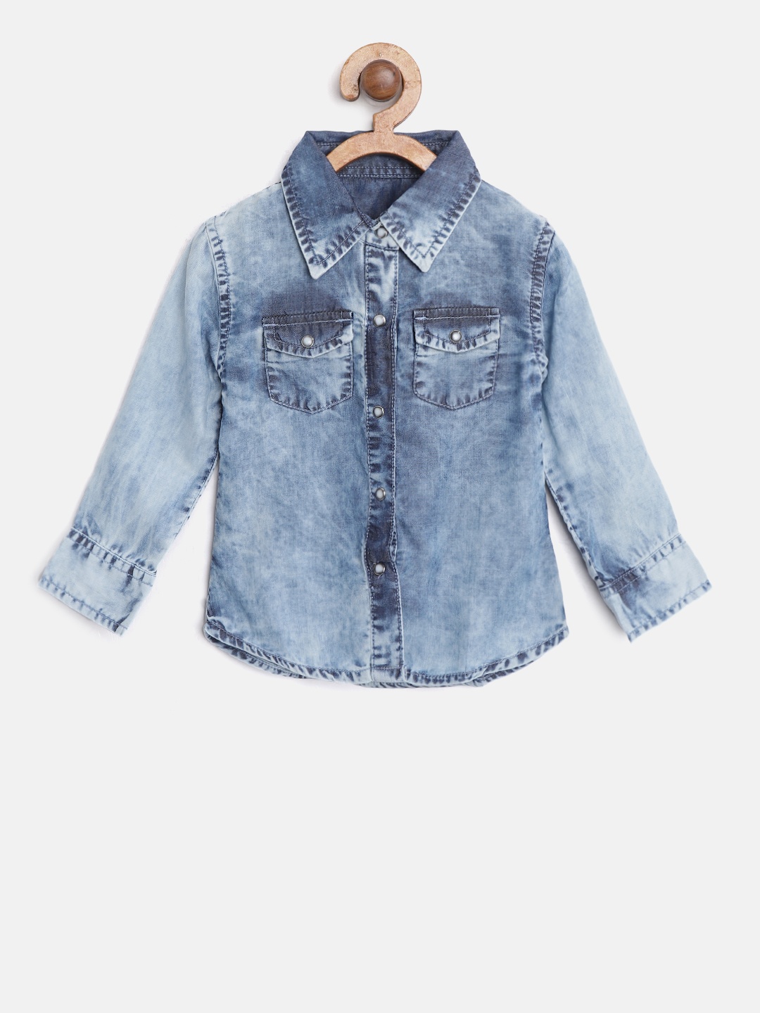 

Palm Tree Girls Blue Acid Washed Chambray Regular Fit Casual Shirt