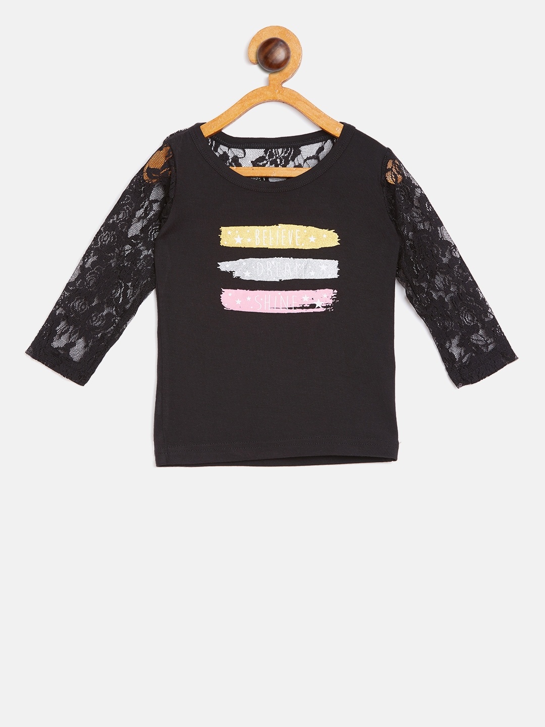 

Palm Tree Girls Black Printed Top with Lace Inserts Detail