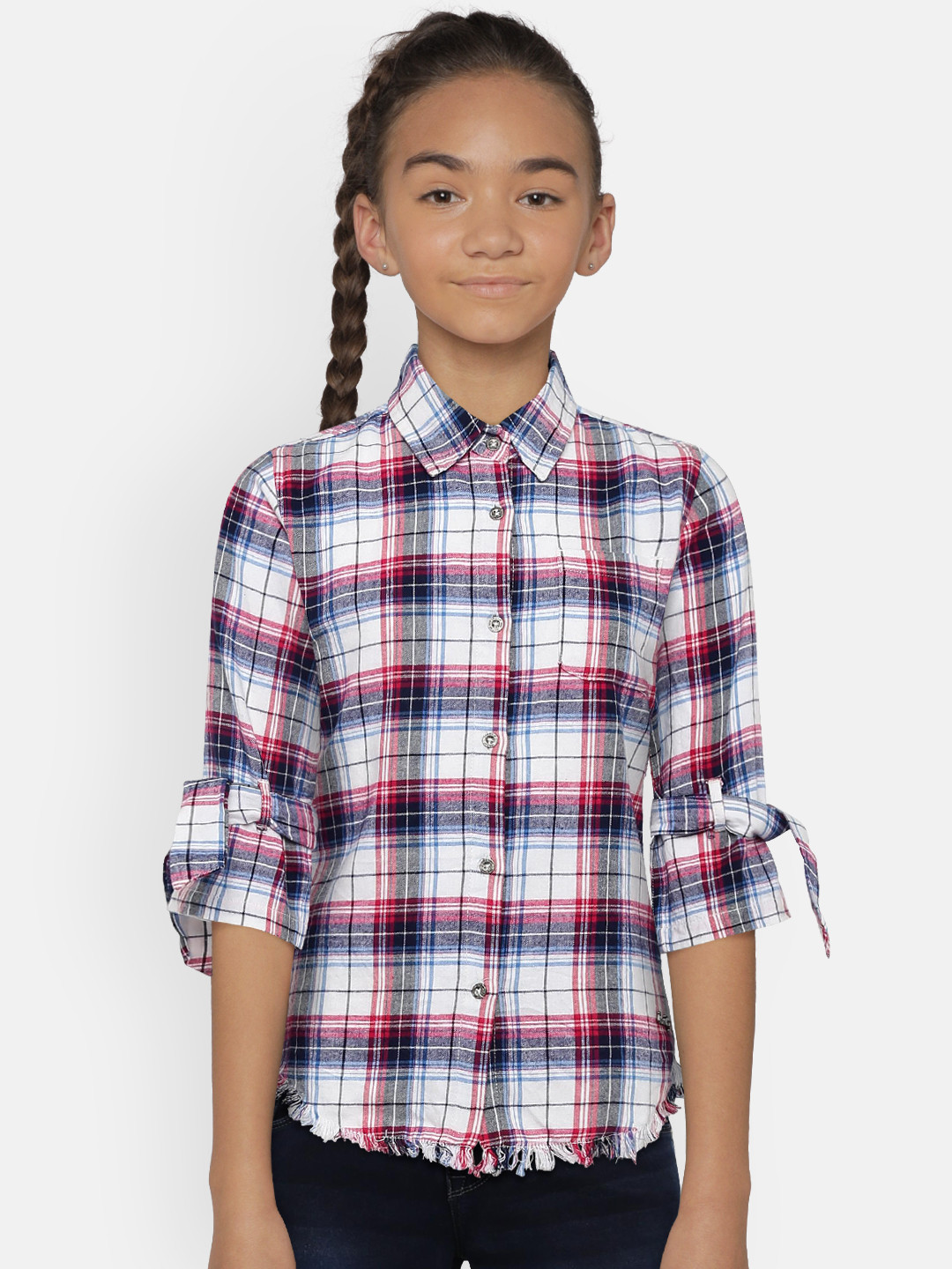 

Gini and Jony Girls White & Blue Checked Shirt Style Pure Cotton Top