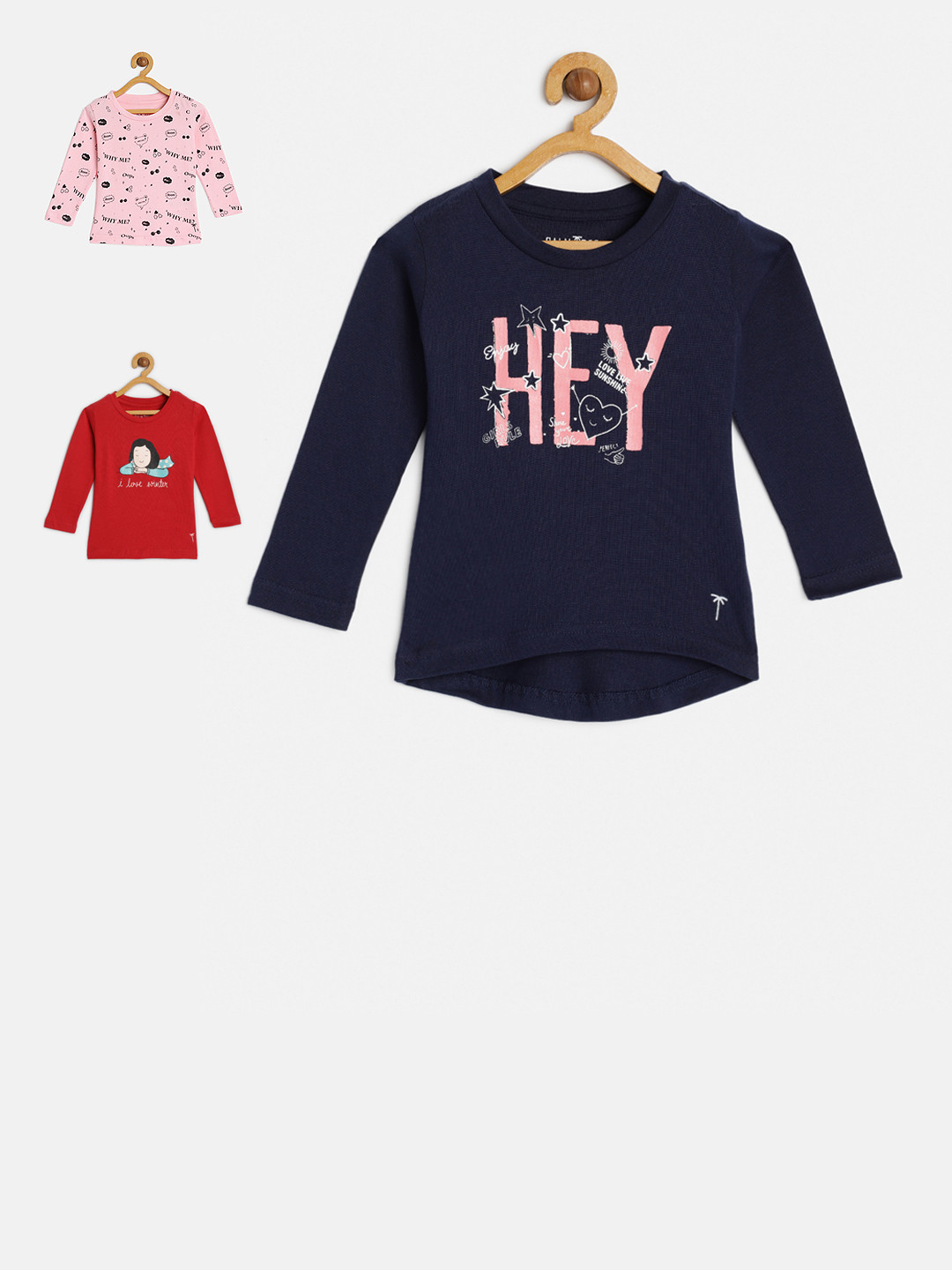 

Palm Tree Girls Pack of 3 Printed Round Neck Pure Cotton T-shirts, Navy blue