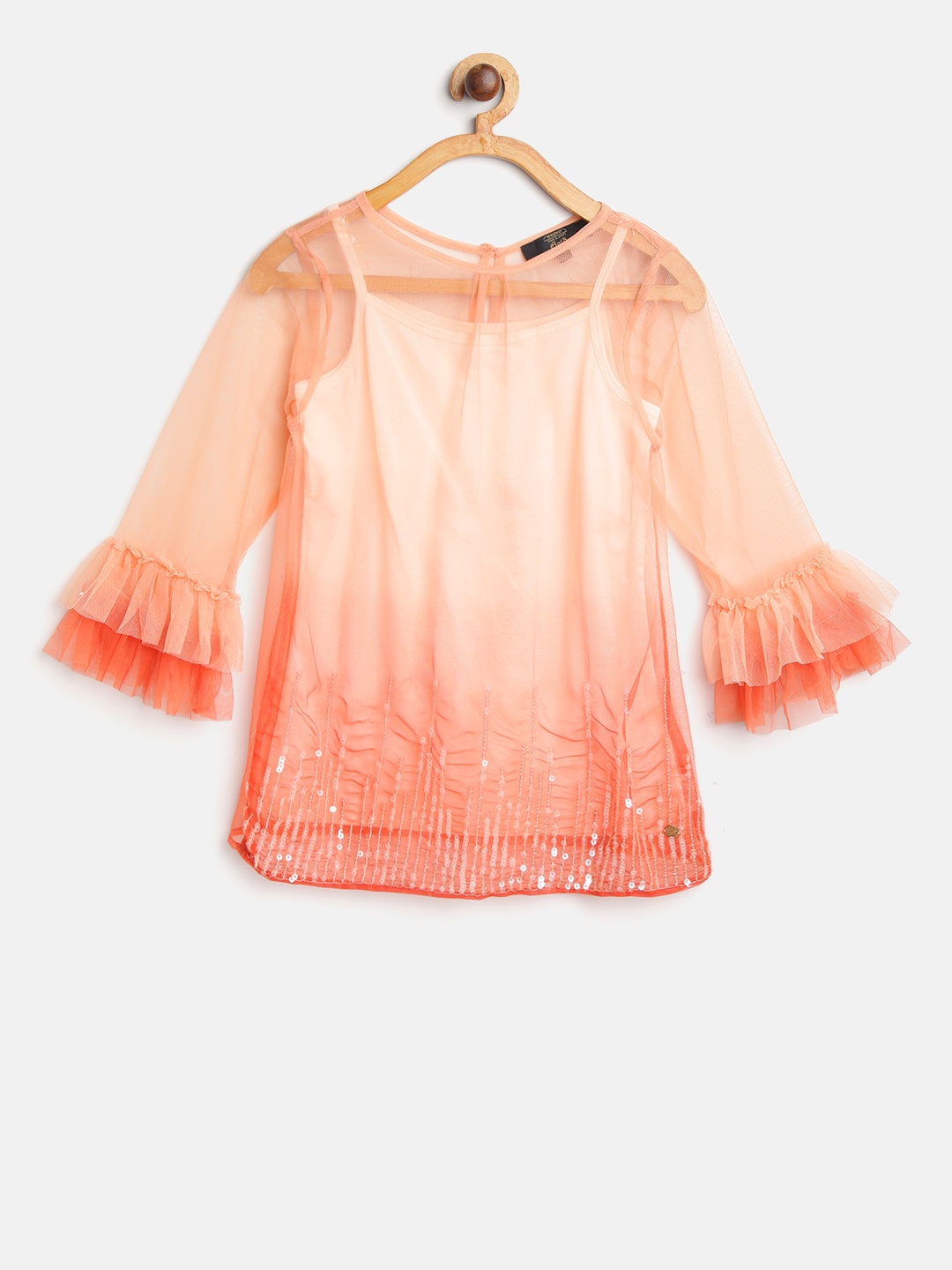 

Gini and Jony Girls Peach-Coloured Net Sheer Ombre Effect Top with Sequinned Detail