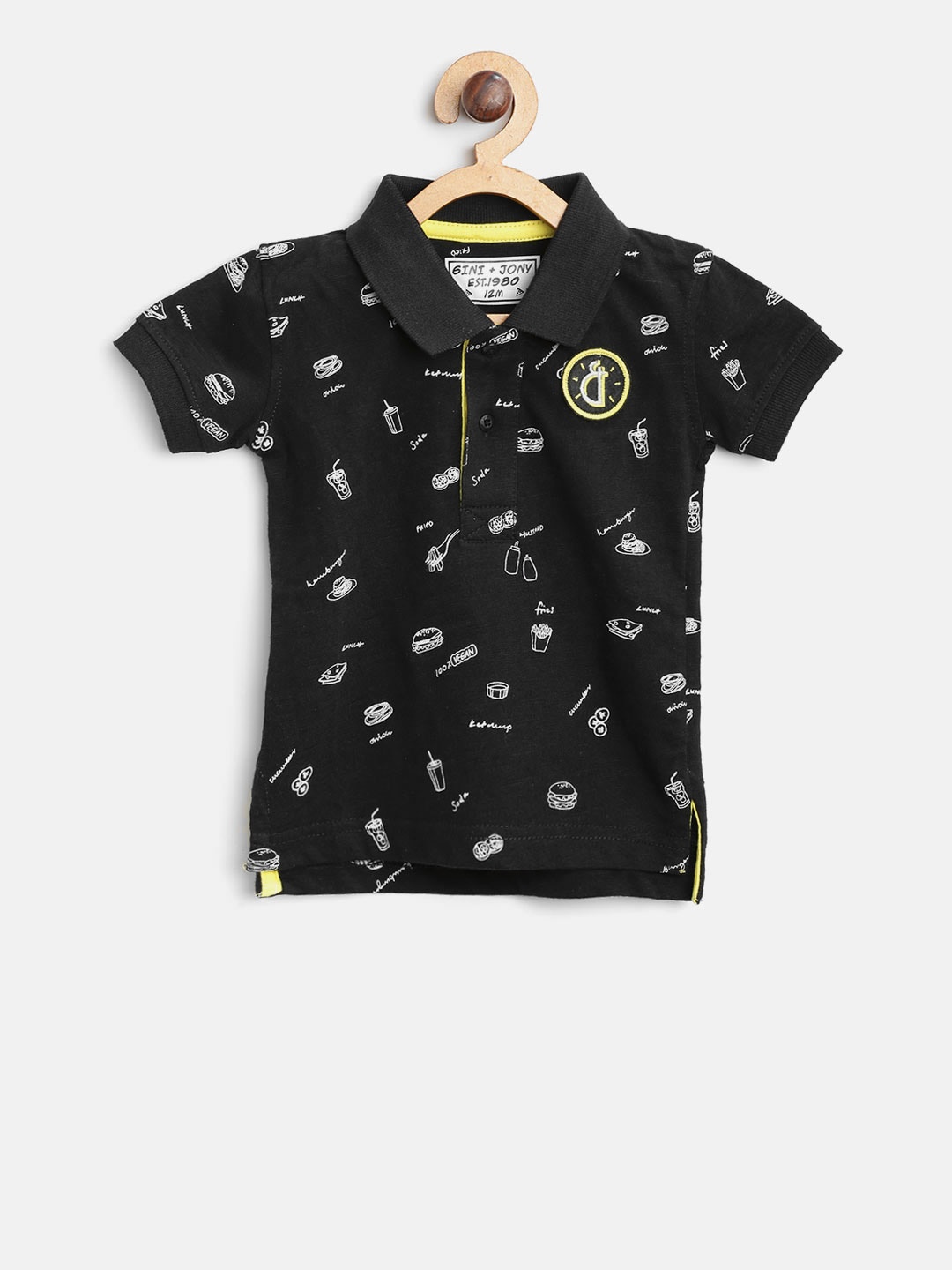 

Gini and Jony Boys Black & White Printed Polo Collar T-shirt