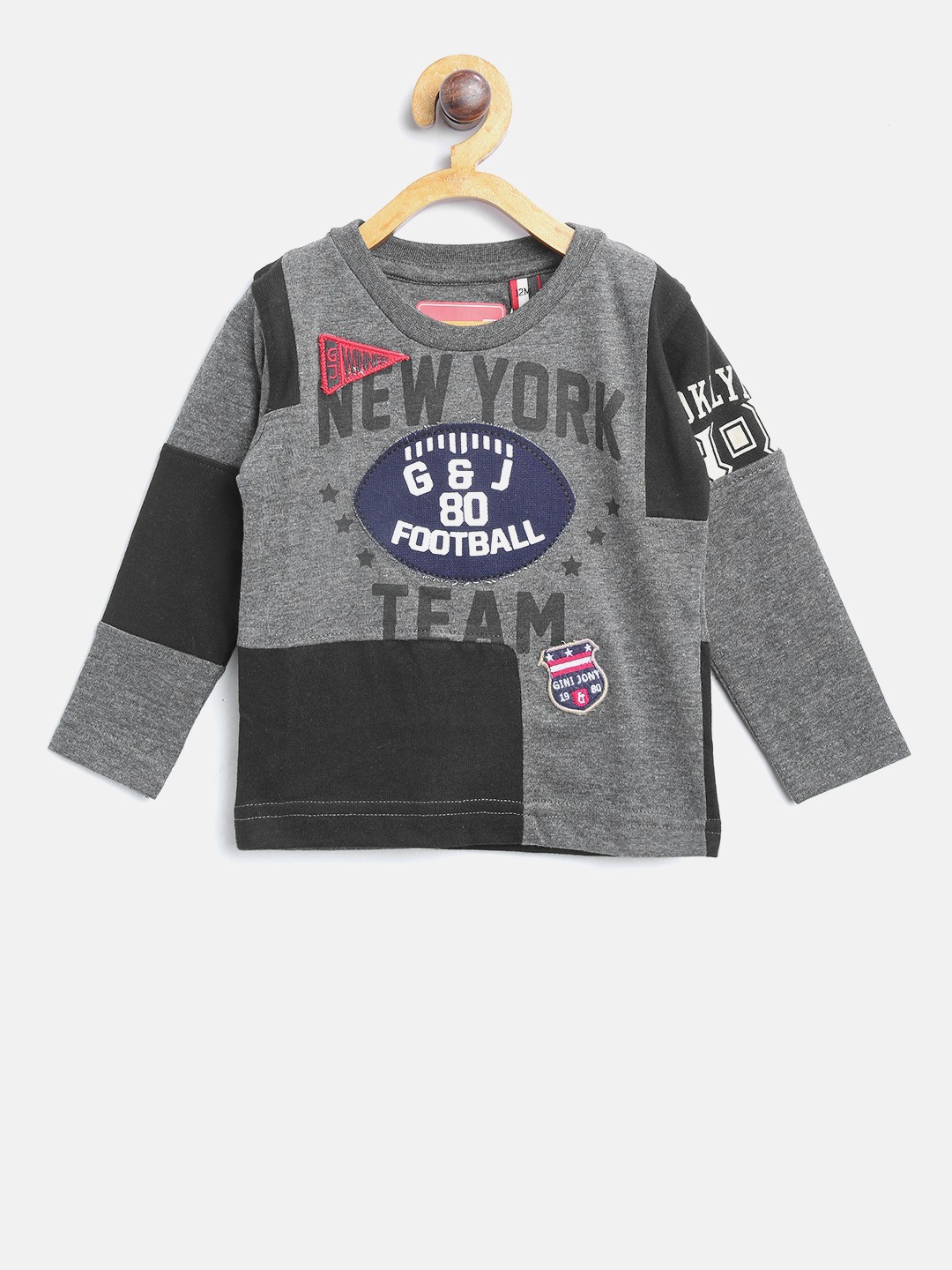 

Gini and Jony Boys Charcoal Grey & Black Colourblocked Round Neck T-shirt