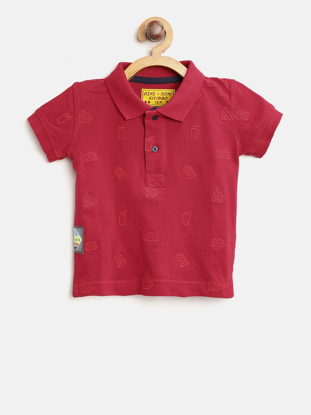 

Gini and Jony Boys Red Self Design Polo Collar T-shirt