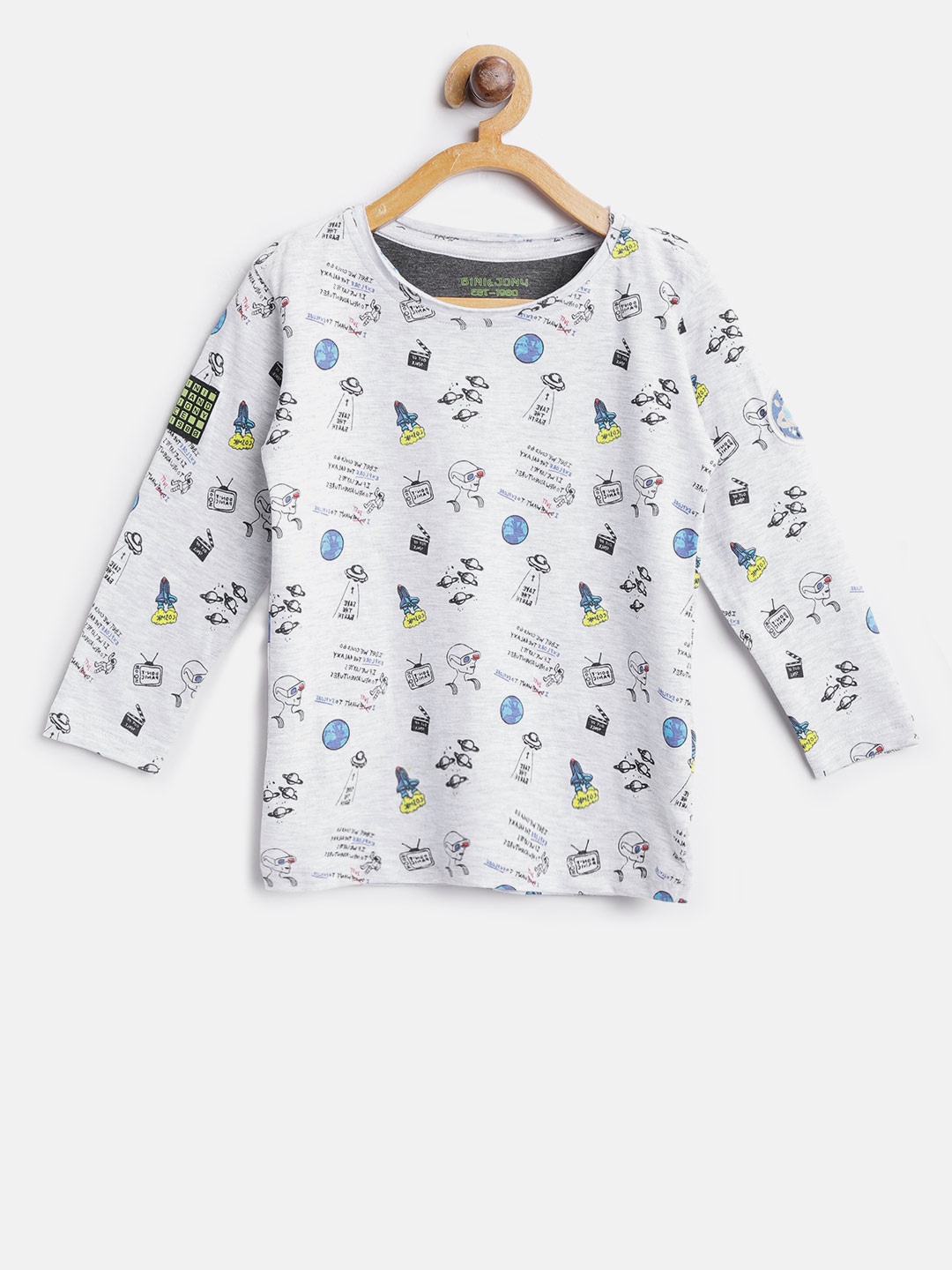 

Gini and Jony Boys Grey Melange Printed Round Neck T-shirt