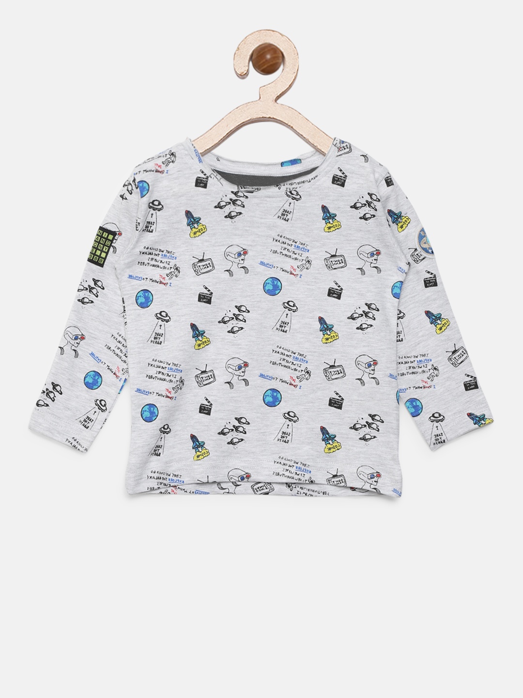 

Gini and Jony Boys Grey Melange & Black Printed Round Neck T-shirt